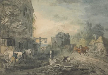 A Stagecoach and Four Dashing Through a Village on the Bath-London Road