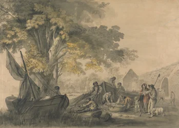 Boats, Fishermen and Peasants near a Weir