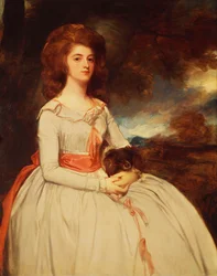 Portrait of Mrs. Moody, Second Wife of Samuel Moody, Seated Three-Quarter Length in a White Dress Trimmed with Pink Bows and a Pink Sash, Holding a Dog on Her Lap, in a Landscape