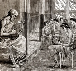 A school in ancient Greece: the teacher teaches the pupils to play the lyre