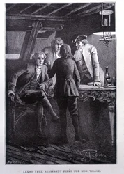 Story scene in the ship square: young Jim Hawkins in front of Dr. Livesey and the Chevalier Trelawnay - in Stevenson