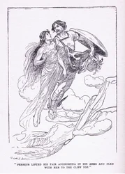 Perseus lifted his fair Andromeda in his arms and fled with her to the cliff tops, from The Heroes published by George Allen and Unwin 1929
