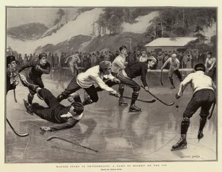 Winter Sport in Switzerland, a Game of Hockey on the Ice