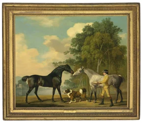 Two Hunters with a Young Groom and a Dog by a Lake