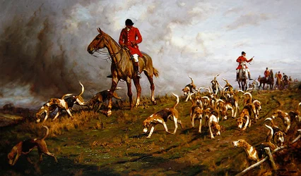 Huntsmen and hounds going to draw