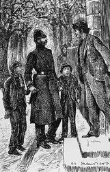 A London Policeman Presenting Two Street Arabs to the Gentleman in Front of Whose Doorstep They Have Been Making a Slide on the Ice