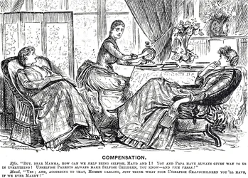 Cartoon depicting a woman using a handle-driven sewing machine