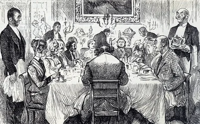 Cartoon depicting an elegant soirée in a Victorian home