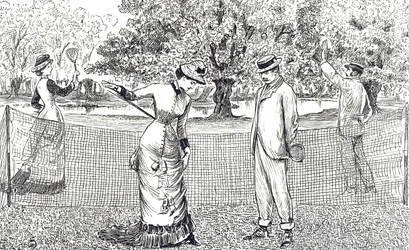 Engraving depicting a female tennis player in discomfort because of her new rubber shoes