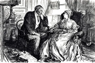 Cartoon Illustrating a Man and Woman in Conversation About the Calming Benefits of Cod Liver Oil. England 1869