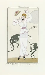 Design for White Dress with Pink Trim and Crochet Belt, from Costumes Parisien, pub.1912