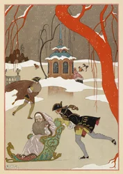 Ice Skating. A Woman Seated in a Sled