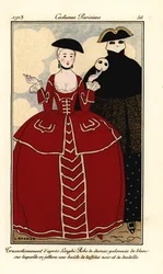 Fancy dress costumes after Longhi. Woman in damask dress trimmed with white, cape of black taffeta and lace. Fancy dress costumes after Longhi: damask dress trimmed with white, over which a cape of black taffeta and lace is thrown. Handcoloured pochoir