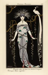 Grand Evening Dress in Silver Brocade, Blue Wig and Feathers