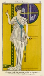White Evening Gown in Satin and Tulle with Blue Velvet Scarf (Costumes Parisiens no.37)