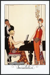 Incantation, pianist and woman dressed in evening gowns, illustration from Falbalas et Fanfreluches, Almanac of 1923