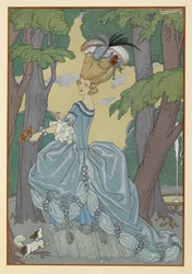 A beautiful woman with a small dog. The woman has an elaborate hairstyle, with feathers.
