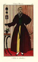 Man in dressing gown over yellow trousers and green waistcoat