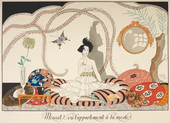 Midnight! Or the Fashionable Apartment. A Woman Sitting Among Many Cushions with Her Pet Dog