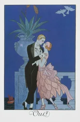 Oui, Two young fiances in evening dress, lithograph from Falbalas et Fanfreluches, Almanach des Modes Presentes, Passees et Futures