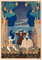 Pantomine. Pierrot and Harlequin. A man and pretty woman. All on a stage.