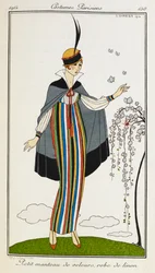Small velvet cloak, linen dress. Woman wearing a small velvet cloak, with a striped linen dress, orange T-bar shoes, and a hat trimmed with black and red. Costumes Parisiens.