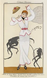 Dress of white cloth trimmed with a rose-colored hem. Belt of crocheted roses. Costumes Parisiens no. 21. Woman is wearing a dress of white cloth trimmed with a rose-colored hem and a pink belt. She is also wearing black heels and a black necklace.