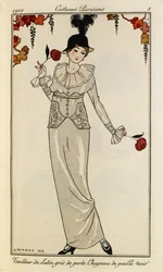 “Pearl-grey satin suit. Black straw hat”. Costumes Parisiens no. 8. Woman wearing a pearl-grey satin dress and a black straw hat, with a feather. She holds a rose in each hand.