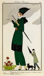Green ratine and black velvet suit. Strawberry taffeta waistcoat. Woman wearing a tailored outfit of green and black silk, with a strawberry silk waistcoat. Person in a trench coat with an umbrella and a dog in the background. Costumes Parisiens.