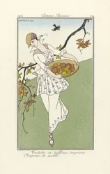 Toilette de taffetas imprimé, Chapeau de paille, from Costume Parisiens, pub.1914