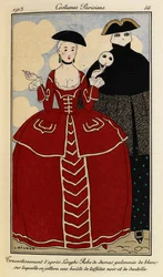 Costume after Loghi: Damask dress trimmed in white, over which a black taffeta and lace wrap will be thrown. Costumes Parisiens no. 46. Woman wearing a 19th-century red dress with cream lace, a black hat and carrying a white mask.