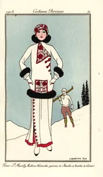Woman in outfit for St. Moritz in white frieze with skunk trim and wool embroidery