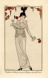 Woman in pearl-grey suit and black straw hat. Hand-coloured pochoir print after an illustration by George Barbier from Tommaso Antongini’s Journal des Dames et des Modes, Aux Bureaux du Journal des Dames et des Modes