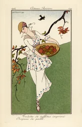 Woman in Straw Hat and Dress of Printed Taffeta