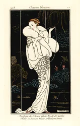 Woman in Velvet Cape, Damask Dress and Pink Slippers