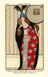 Woman in white crepe de chine dress, cape of otter and skunk fur lined with floral pattern, skull cap with plumes