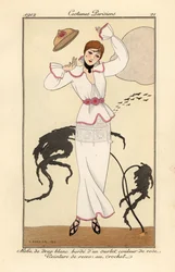 Woman in white wool dress with pink trim, belt of crocheted roses, losing her hat in the wind