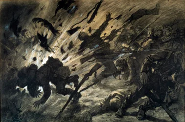 Effect of a Shell in the Night, April 1915. Drawing by Georges Scott, known as Scott de Plagnolles (1874-1942), 1915 - Ink on paper, gouache highlights - Dimensions: 0.67 x 1.010 m - Paris, Musée de l