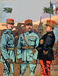 Marechal Joseph Jacques Cesaire Joffre, Marechal Ferdinand Foch and Marechal Philippe Petain, the great liberators of France during the First World War (Illustration by Georges Conrad)