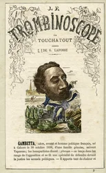 Leon Gambetta (1838-1882) illustration from "Le Trombinoscope", a satirical political periodical by Leon-Charles Bienvenu, known as Touchatout monography N. 3, Paris