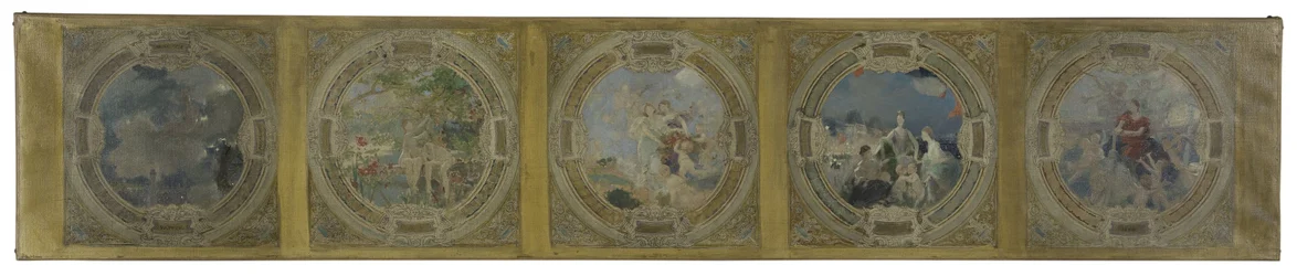 Sketch for the Lobau Gallery at Paris City Hall: Industry. The Awakening. Peace. Charity. Universal Exhibitions in Paris. Electricity. Steam. Gas. Mechanics