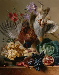 Dead Pheasant, Partridge, Grapes, Cabbage, Fruit and Flowers on a Ledge