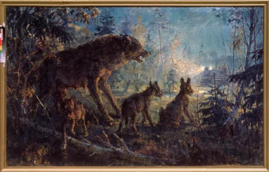 A Meeting in the Wood (Wolf and Her Cubs Facing a Tractor at Night) - Painting by George Konstantinovich Savitsky (1887-1949)