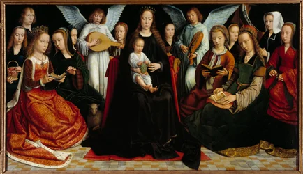 The Virgin Between the Saints. Before: Saint Dorothee, Saint Catherine, Saint Agnes, Saint Fausta, Saint Apollo (or Apollonia), Saint Godeline, Saint Cecile, Saint Barbe, Saint Lucia. At the Back: Gerard David and His Wife Cornelie and Two Musicians Angels