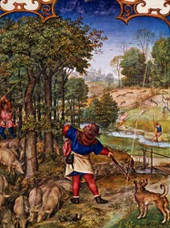 Month of November, Gathering Acorns and Hare Hunting, Miniature from Grimani Breviary, with Miniature by Gerard Horenbout, Alexander and Simon Bening, Netherlands
