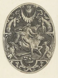 Hercules Captures the Cretan Bull (series title: Oval Decorations with the Deeds of Hercules in Grotesques)