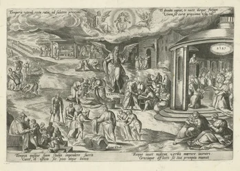 Father Time amidst scenes of works of mercy and Christian virtues