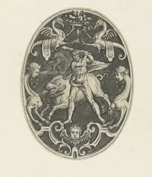 Flat Decoration: Hercules Captures the Erymanthian Boar (Oval Flat Decorations with the Deeds of Hercules in Grotesques series)