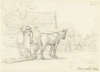 Three Men Next to a Horse and Sleigh