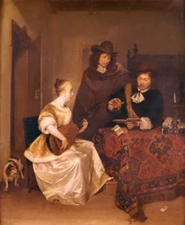 A Young Woman Playing a Theorbo to Two Men, 1667-68